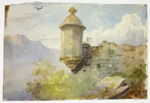 Dağ Manzarasında Duvar Üzerinde Kubbeli Gözetleme Yeri (recto); Dağ Önündeki Köprüden Geçen Figürler (verso) by Unknown artist