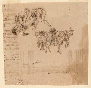 Çizim: A) Sandık taşıyan iki adam; şoförlü dört katır. B) Bir çerçeve için proje by Unknown artist