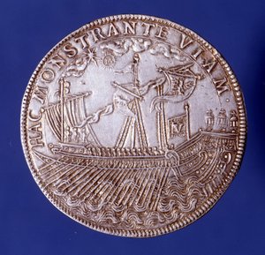 Ducat de Vincenzo Gonzaga (Vincent Gonzague) (1562 - 1612), Mantua Dükü bir kadırgayı temsil ediyor. by Unknown artist