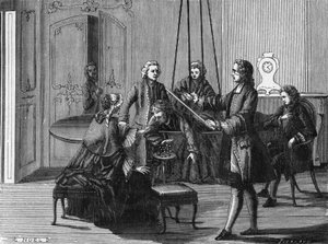 Dufay deneyimi. Fransız kimyager ve fizikçi Charles François Du Fay (Dufay?) (1698 - 1739), insan vücudundan elektrik kıvılcımlarının çekilebileceğini gösterdi. Bilim Albümünden gravür. Fransa 19. yüzyıl. by Unknown artist