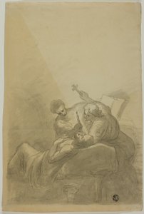 Ölen Adamın Yanında Mum, Kitap ve Haç Tutan İki Figür by Unknown artist