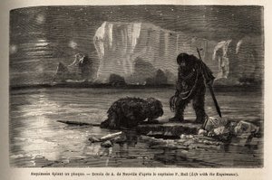 Buz paketindeki oyuk bir delikten bir fok üzerinde casusluk yapan Eskimal avcıları, zıpkınlamak için gecenin mezarında bekliyor. 1860-1862