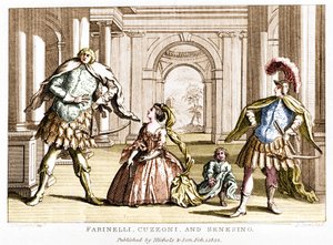 George Frederick Handel (Georg Friedrich Handel) tarafından operada soprano Cuzzoni ve hadım Francesco Bernardo Senesino (1680 - 1750) ile Farinelli (Carlo Broschi, dit; 1705 - 1782) by Unknown artist