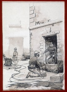 İtfaiyeciler: mahzenlerden itfaiye cihazı. gravür 19. yüzyıl by Unknown artist