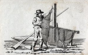 Balıkçı ve balık ağı. 18. yüzyılın güzel gravürü. Özel koleksiyon. by Unknown artist
