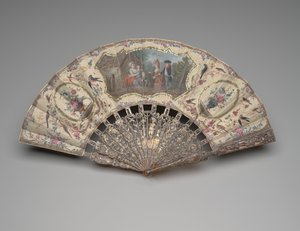 Sütanne ziyareti sahneli katlanır yelpaze, c.1780 (çift ipek yaprak üzerine guaj, pirinç, metalik iplik, bağa, yaldız, sedef ve macun taşlar) by Unknown artist