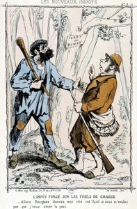 Av tüfeklerine zorunlu vergi: “Burjuva gidelim, derinizi mahvetmemi istemiyorsanız silahınızı hemen bana verin” - “yeni vergiler” üzerine karikatür by Unknown artist