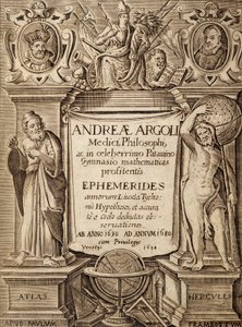 Andreae Argoli tarafından Herkül ve Atlas ile “” Ephemerides “” Frontispice by Unknown artist