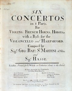 G B Sammartini ve J A Hasse tarafından 8 bölümden oluşan altı konçertonun müzik notalarının ön yüzü by Unknown artist