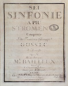 Sei sinfonie a piu strumenti op için skorun ön yüzü. 5 (ilk senfoni) Francois Joseph Gossec tarafından by Unknown artist