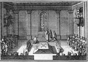 18. yüzyılda bir papanın cenazesi: cenaze töreni töreni. “Histoire des Religions” da gravür. by Unknown artist