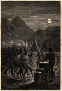 Lakutalar (Yukarı Nil bölgesinde bulunan kabile) arasında cenaze töreni, ay ışığında davullar ve ritüel danslar. Sir Samuel White Baker tarafından 1861-1864