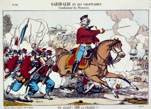 Giuseppe Garibaldi (1807-1882) gönüllüleriyle birlikte Prusyalılara karşı savaşıyor. “İleri, çok yaşa Fransa” 1871 civarında. Gravür B.N. Paris by Unknown artist
