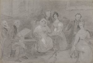 Suluboya Resim Yapan Bir Adam ve Çay Bardaklarını Uzatan Bir Kızın Bulunduğu Bir Grup Figür by Unknown artist