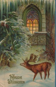 Geyik ve Kilise ile Kış Motifli Tarihi Noel Kartı by Unknown artist