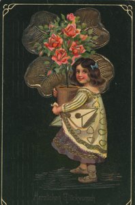 Bir çocuk ve büyük bir saksı bitkisi ile tarihi tebrik kartı, gül by Unknown artist