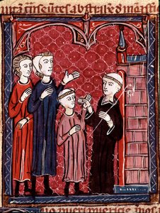Kilise Hukuku Tarihi: ““Oğullarını manastıra götüren iki ebeveyn””” 1140 yılından kalma “Decret de Gratien”den (“Concordia discordantium canonum” veya “Decretum Gratiani”) alınmış ve Osmanlı kanunlarını ve kanunlarını düzenleyen minyatür. Roma Katolik Kili by Unknown artist