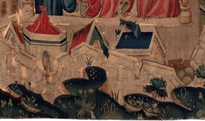 Aziz Piat ve Aziz Eleuthère'nin Tarihi, 9. Sahne Saint-Éleuthère'in Tournai piskoposu olduğu doğrulanır (Au boin saint l'eveschiét donne est chi du pape et confermée). Alt orta detay. Şehir sur duvarları, evler. by Unknown artist