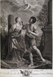 Zulümler sırasında Kutsal Apolina, Roma tanrılarına haraç ödemeyi reddettiği için dişlerini kırar. 17. yüzyılın gravürü. by Unknown artist