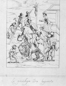 Huguenot şecere: maymunlarda Protestanların karikatürü - gravür by Unknown artist