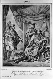 İtalyan şair ve oyun yazarı Ugo Foscolo (1778-1827) tarafından “Ajax”ın (Aiace) II. Perdesinin 9. Sahnesi için İllüstrasyon 19. yüzyıl by Unknown artist