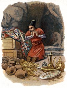 Binbir Gece Masalları için İllüstrasyon. Ali Baba (Ali-Baba) kayaya girer, Susam açar ve altın fıçıları görür der. 1890 civarında kromolitografi. by Unknown artist