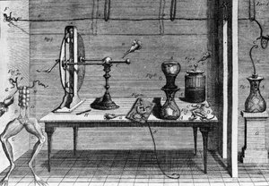 İtalyan fizikçi ve doktor Luigi Galvani'nin (1737 - 1798) bir kurbağanın bacaklarını hareket ettiren elektrik akımının geçişini açıklayan deneylerinin illüstrasyonu. by Unknown artist