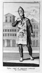 Inquisition. The garment of Samarra which the penitents wore. Engraving from History of Inquisition, Amsterdam 1692. by Unknown artist