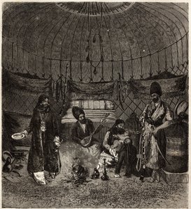 Bir Türk çadırında (Türkmena, Irak), bir aileye ev sahipliği yapan, bir barhchi (müzisyen, hikaye anlatıcısı) eşliğinde şarkı söylemek veya şiir okumak için dutare, bu sanatçılar çok yakalandı. Henri de Blocqueville