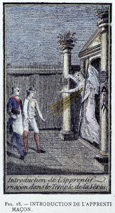 Mason çırağının tanıtımı - tüm Masonik emirlerin bir şövalyesi tarafından “Adonhiramite Duvarcılığının Değerli Koleksiyonu” ndan bir gravürden by Unknown artist
