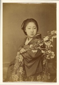 [Çiçek Açmış Prunus Dalını Tutan Japon Kadın] by Unknown artist