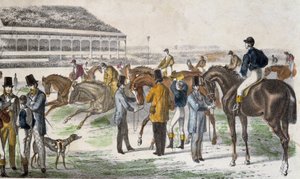 Jokeyler ve atları yarış öncesi - gravür, c. 1850 by Unknown artist