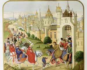 “" Fransa Kralı Charles IV, sığınmaya gelen II. Edward'ın karısı olan kız kardeşi İngiltere Kraliçesi Isabella'nın (1292-1358) ziyaretini aldı "” Jean Froissart'ın kroniklerine göre. 19. yüzyıl Barselona'sı. Sant Jordi Katalan Kra by Unknown artist