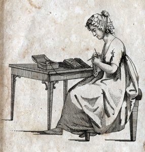 Örgü makinesi: Yün ören kadın (örme) 18. yüzyılın sonlarına doğru gravür. Özel koleksiyon. by Unknown artist
