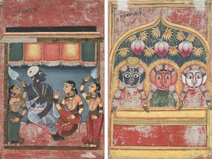 Radha ve İki Görevli ile Krishna (rekto); Bir Kemerde Jagannath, Subhadra ve Balarama (verso) by Unknown artist