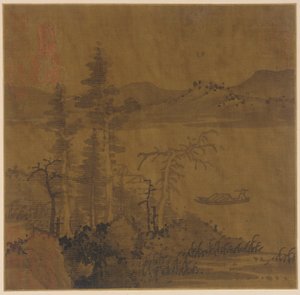 Manzara: nehir ve tekne, uzun ağaçlar ve uzak tepeler by Unknown artist