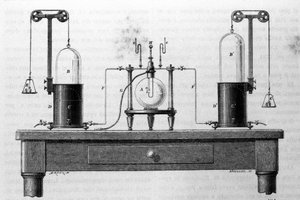 Bir cam şişede yanan oksijen ve hidrojen gazları vasıtasıyla su oluşumu için Lavoisier ve Laplace aparatı. 19. yüzyılın gravürü. by Unknown artist