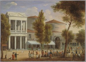 Le théâtre des Variétés et le passage des Panoramas, boulevard Montmartre, 1825 civarı, 1825 civarı (kart üzerine yağlıboya) by Unknown artist