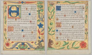 Bir Mezmur ve Dua Kitabından Yaprak: Oturan Bir Satir ve Kuş Yiyen Üzüm (recto) ve Çiçekler ve Sincap ile Süs Bordür (taraf) İçeren Süs Kenarlı İlk E by Unknown artist