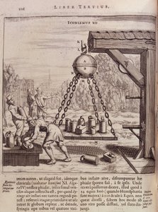 Askıya alınmış Magdeburg yarım küreleri yükleniyor - Otto von Guericke (Otto de Guericke) tarafından “Ottonis de Guericke: Experimenta Nova Magdeburgica de vacuo spatio””da by Unknown artist