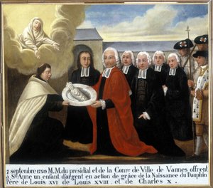MM du Presidial et de la Commune de Vannes, yunusun Louis de France (1729-1765), 7 Eylül 1729 - Ex-Voto Sainte Anne d'Auray doğumundan Şükran Günü'nde Saint Anne'ye gümüş bir çocuk sunuyor by Unknown artist
