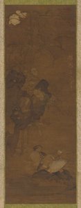 Mandalina ördekleri, kayalar ve çiçekli bir bitki by Unknown artist