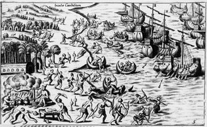 Philoponus Honorius'un "Yeni Dünya Yolculuğundan Sonra Yeni Tipus"ta Christopher Columbus halkı ve Yamyamlar arasındaki buluşma by Unknown artist
