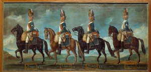 1779 sırasına göre ejderhaların askeri üniformaları: Lanan alayları (n. 20), Belsunce (n. 21), Languedoc (n. 22), Schomberg (n. 24) 1779 Anonim tablosu. Paris, Musee de l
