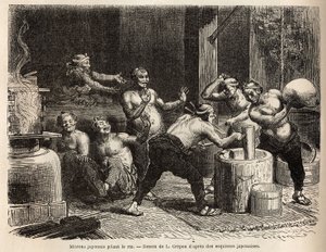 Pirinç birası yapmak için demlenmeden önce pirinci döven Mitronlar. 1863-1864