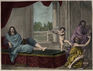 Moliere Jean Baptiste Poquelin (1622-1673), kötülüğü ortadan kaldırmak ve ikiyüzlülüğü ortadan kaldırmak için komedi Cinini çağrıştırıyor - 17. yüzyıldan kaybolan bir tablodan sonra gravür by Unknown artist