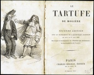 Moliere bir tiyatro maskesi kullanarak bir papazı korkutuyor - Frontispiece du “Tartuffe”” (Tartufe) de Molière, ed. Hingray, Paris by Unknown artist