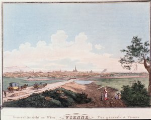 Tuna Nehri'ni geçen köprü ile Viyana şehrine genel bakış. Avusturya Gravür 1830 Özel Koleksiyonundan by Unknown artist