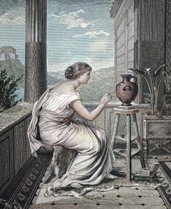 Ressam, Sanatçı, Vazo Boyama Genç Yunan Kadın, Orijinal Bir 19. Yüzyıl Resminin Tarihsel, Dijital Reprodüksiyonu by Unknown artist