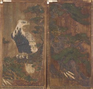 Bir tarafında çam ağacı üzerinde kartallı kapı çifti; diğer tarafta geyik ve kiraz çiçekleri by Unknown artist